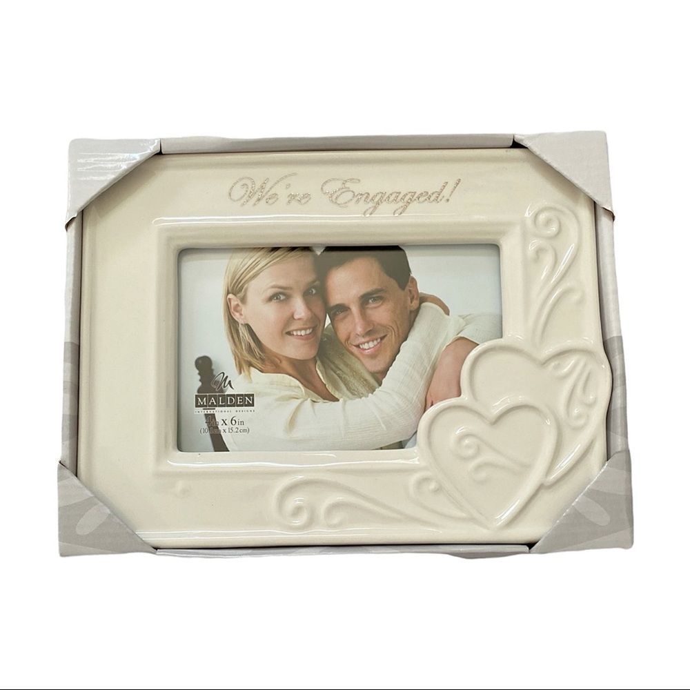 Malden International Designs Ceramic Engagement 4x6 Photo Frame Cream & Silver